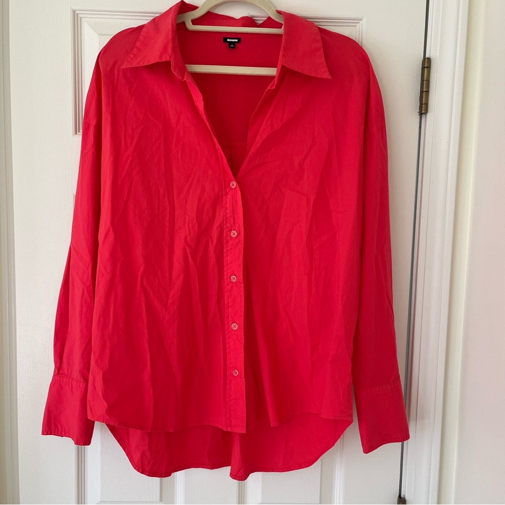 Monrow Oversized Poplin Cotton Button Down Shirt, Size Medium, Coral Red